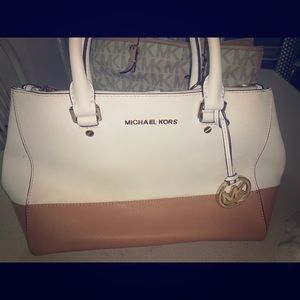 White and tan color block Michael kors tote bag